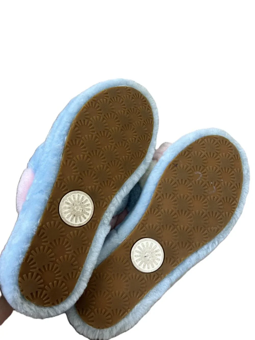 Ugg Fuzzy Plush Pink & Blue Open Toe Slippers 9 - Picture 5 of 5